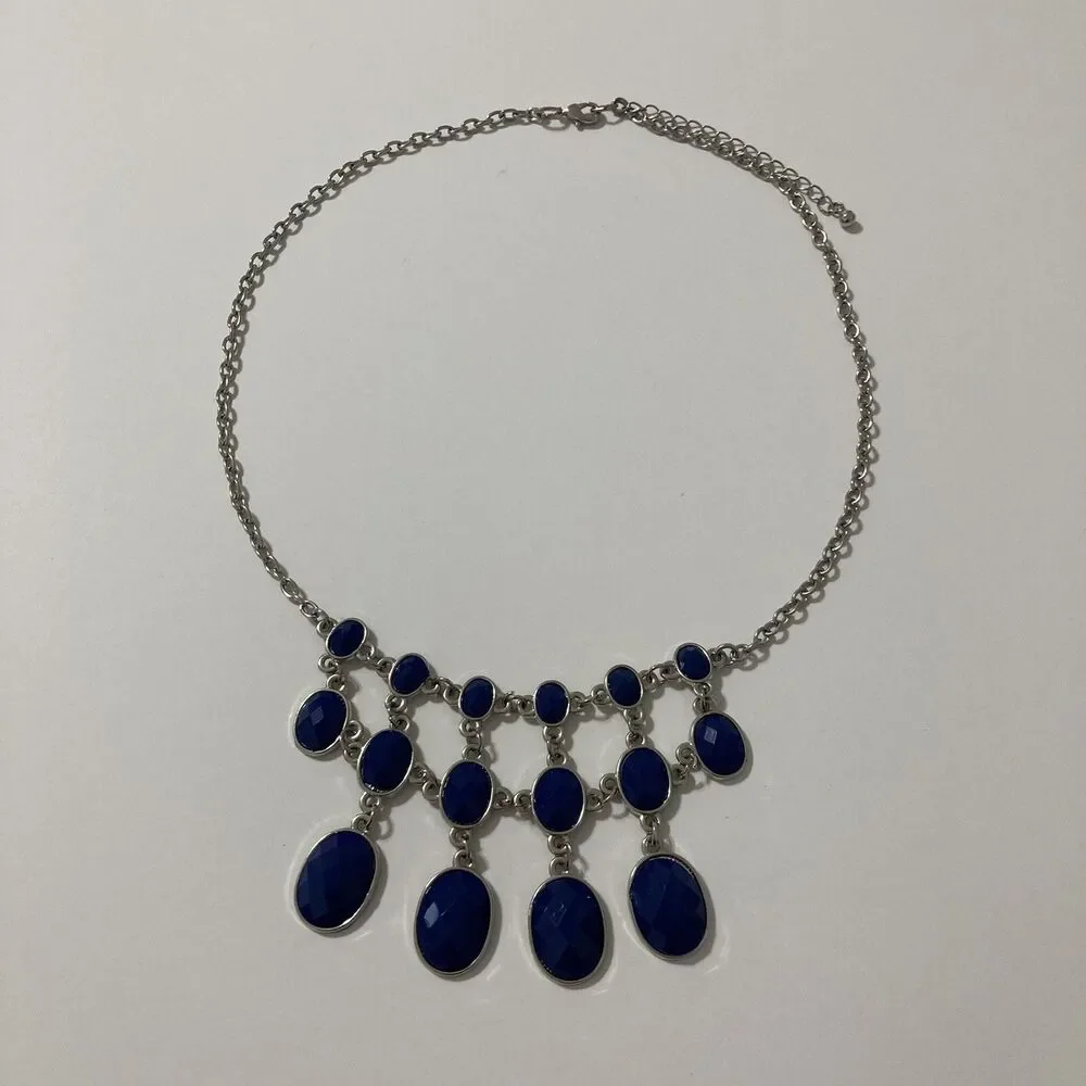 Vintage Silver Tone Metal Blue Plastic Oval Bead Statement Bib Necklace